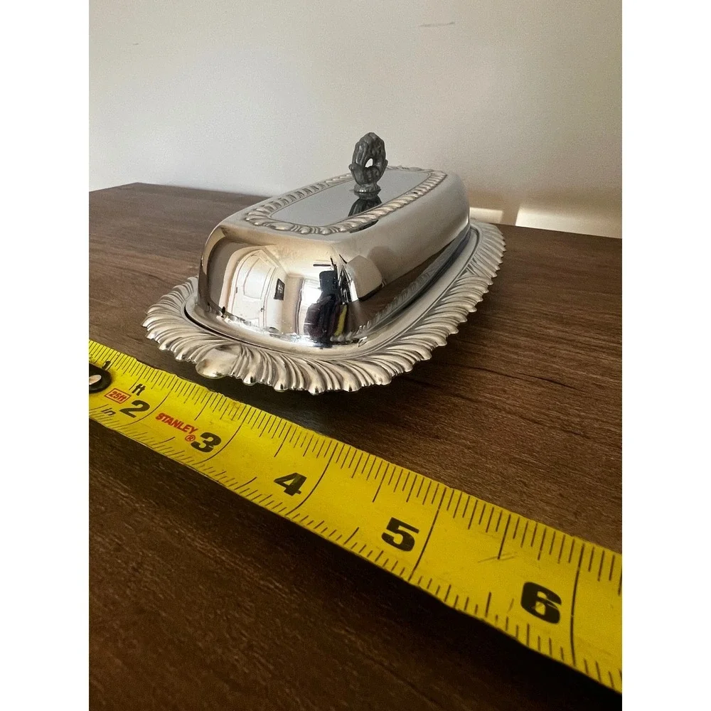 Vintage Chrome Butter Dish with Domed Lid and Ornate Feathered Edge